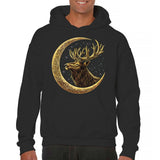 Men's Hoodie Golden Crescent Moon With Stars And Noble Majestic Antlered Deer