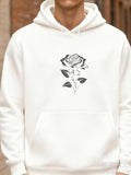 Men's Hoodie Hand Sketched Delicate Petals With Artistic Outlined Leaves Single Rose
