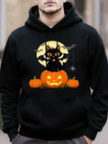 Men's Hoodie Full Moon Light With Pumpkins And Bats Surrounding A Sitting Black Cat