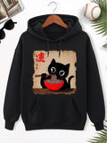 Men's Hoodie Playful Cat Slurping Noodles With Red Bowl On Table