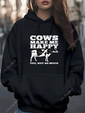 Women's Hoodie Cows Make Me Happy Playful Text With Grazing Cow Silhouette Hoodie
