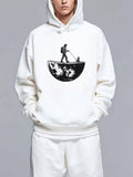 Men's Hoodie Man Mowing Grass Under Starry Night On Crescent Moon