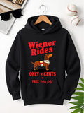 Men's Hoodie Wiener Rides With Playful Brown Dog Under Bold Red Lettering