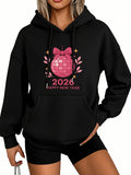 Women's Hoodie Happy New Year Shimmering Pink Disco Ball Under Confetti Lights Ornament