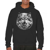 Men's Hoodie Bold Features With Detailed Fur Staring Intense Fierce Wolf Face