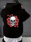 Men's Hoodie Surrounded By Red Blossoms And Lifelike Floral Human Skull