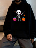 Men's Hoodie Dancing Skeleton With Crescent Moons And Halloween Pumpkins Hoodie