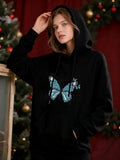 Women's Hoodie Twinkling Blue Butterfly With Subtle Blossoms On Elegant Hoodie Butterfly