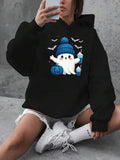 Women's Hoodie Cute Ghost Holding Drink With Pumpkins And Flying Bats