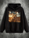 Men's Hoodie Surprised Cat In Desert With Flying Spaceships