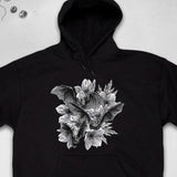 Men's Hoodie Nocturnal Foliage Among Blossoming Flowers With Soaring Bat