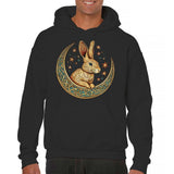 Men's Hoodie Whimsical Stars Surrounding Ornate Gold Crescent Moon Rabbit