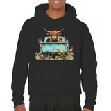 Men's Hoodie Rustic Blue Truck Surrounded By Wildflowers With Highland Cow