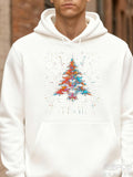 Men's Hoodie Colorful Watercolor Patterned Christmas Tree Among Falling Snowflakes Tree