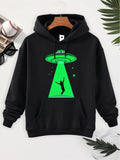 Men's Hoodie Glowing Green Beam With Stars Emanating From Alien Spaceship Abducting Person UFO