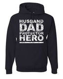 Men's Hoodie Husband Dad Protector Hero Bold White Letters On Black Hoodie