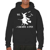 Men's Hoodie Yes I Can Drive A Stick Silhouette Flying Bats With Halloween Night Witch