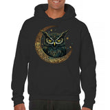 Men's Hoodie Golden Crescent Moon With Glittering Stars Surrounding Watchful Detailed Owl