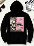 Men's Hoodie Pink Forest With Large Mushrooms Surrounding A Smiling Skeleton