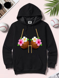 Men's Hoodie Hawaiian Flowers With Decorative Coconut Shells On A Black Hoodie