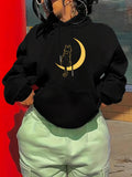 Women's Hoodie Glowing Golden Crescent Moon With A Sitting Cat