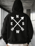 Men's Hoodie Directional Arrows Crossing Under Letters With Monochrome Minimal Compass