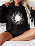Women's Hoodie Delicate Monochrome Lines Radiating From Blooming Botanical Sunflower