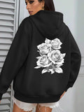Women's Hoodie Monochrome Shaded Rose Blooms Clustered On Soft Black Hoodie