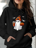 Women's Hoodie Cute Ghost In Orange Hat Holding Pumpkin Drink Among Flying Bats Ghost