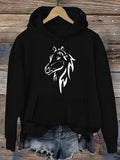 Women's Hoodie Abstract Bold Lines On Midnight Black Featuring Horse Head