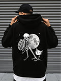 Men's Hoodie Playful Skeleton Under Full Moon With Mischievous Cat