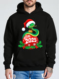 Men's Hoodie Green Snake Wearing Santa Hat With Red Christmas Ornament And Holly Leaves