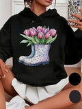 Women's Hoodie Fresh Pink Tulips Blooming In Polka Dot Rain Boots Hoodie