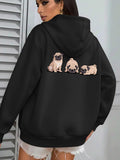 Women's Hoodie Playful Pug Puppies Resting On Cozy Black Hoodie