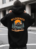 Men's Hoodie Wilderness Forest Cabin With Orange Sunset Behind Rugged Offroad Vehicle