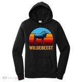 Women's Hoodie Wildebeest Standing Against Retro Stripes With Sunset Horizon Wildebeest