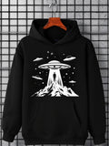 Men's Hoodie Mysterious Mountains With Spaceships Beaming Light Abducting Human Figure UFO