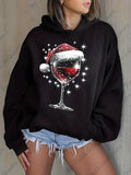 Women's Hoodie Sparkling Red Wine Glass With Santa Hat Surrounded By Festive Winter Stars