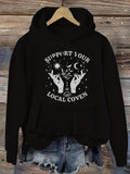 Women's Hoodie Support Your Local Coven Hands With Moon Phases Stars Mystical Pattern