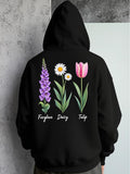 Men's Hoodie Foxglove Daisy Tulip Soft Pastel Spring Garden Wildflower Illustration Under Sunny Bloom