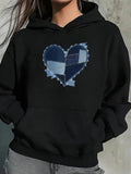 Women's Hoodie Denim Patchwork Heart Design With Stitched Effect Centered Heart