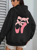 Women's Hoodie Pink Ballet Shoes With Ribbons Dangling Gracefully On Black Hoodie