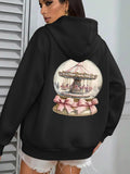 Women's Hoodie Whimsical Pink Ribbons Inside Crystal Glass Carousel Globe