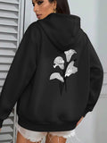 Women's Hoodie Elegant Monochrome Lines Among Gentle Leaves Flower