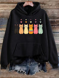 Women's Hoodie Colorful Playful Hearts Floating Above Sitting Cartoon Cats