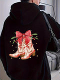 Women's Hoodie Vintage Red Bow With Holiday Light Accents Cowboy Boots