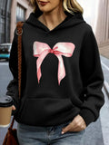 Women's Hoodie Shiny Pink Satin Ribbon Bow On Soft Black Hoodie