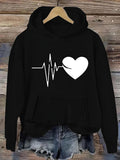 Women's Hoodie Heartbeat Line Across White Heart Symbol Hoodie