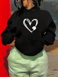 Women's Hoodie Outlined Heart With Playful Cat Inside Black Hoodie