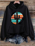 Women's Hoodie Desert Sunset With Vibrant Stripes Encircling Lone Saguaro Cactus